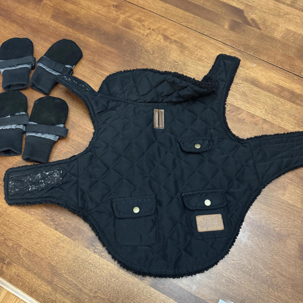 Canada Paws Dog Jacket Size 14 with Bonus Mittens 20-30 lbs Black Quilted